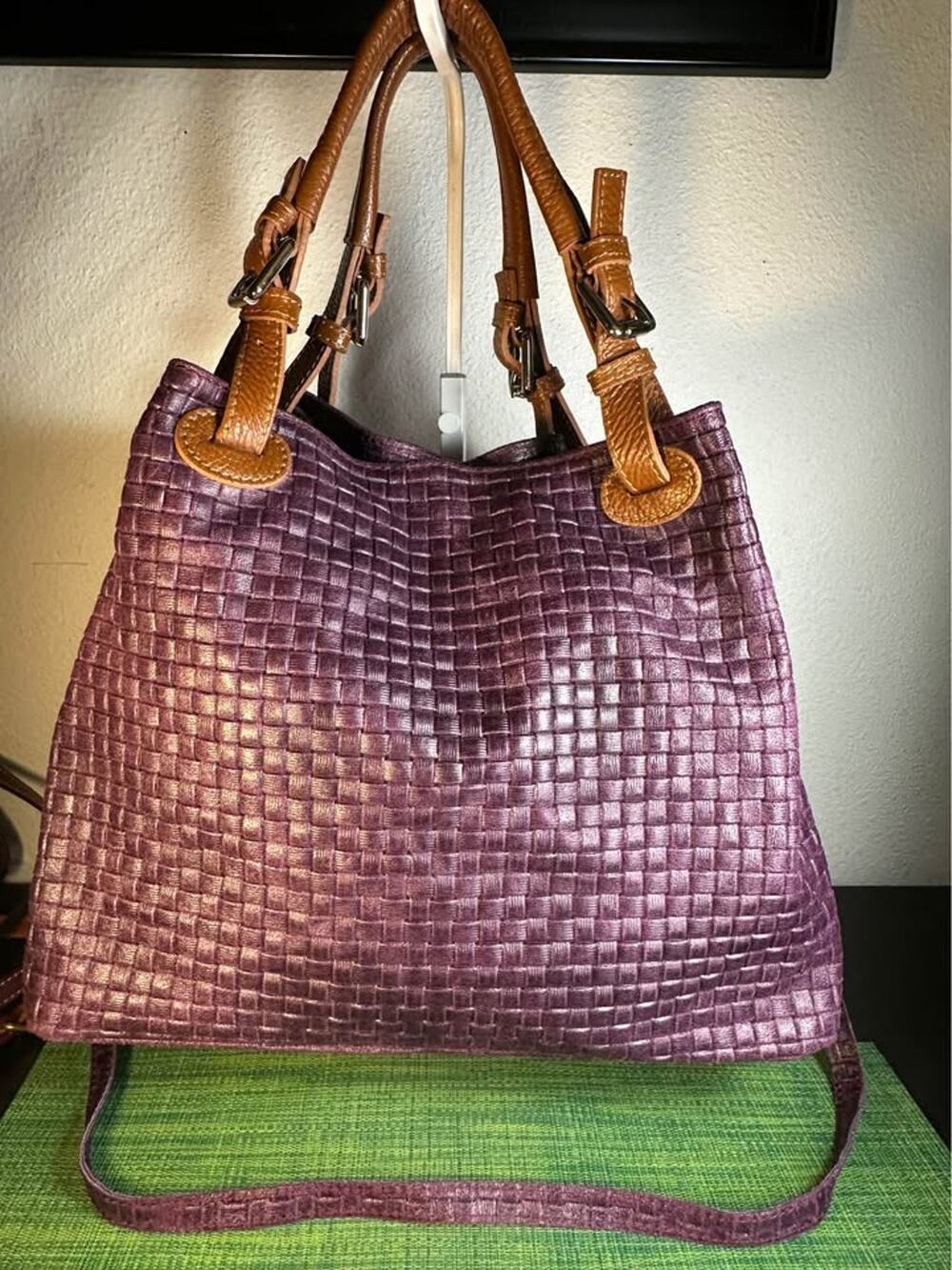 Woven Purple Leather Tote / Shoulder Bag with Crossbody Strap